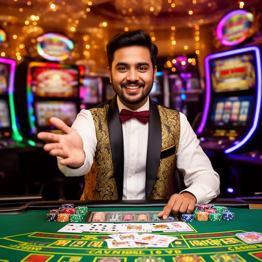 82BD Login – Enter the world of premium online casino gaming in Bangladesh Elegant Bangladeshi casino presenter welcoming players at a luxury gaming table with cards and chips inside the 82BD casino platform